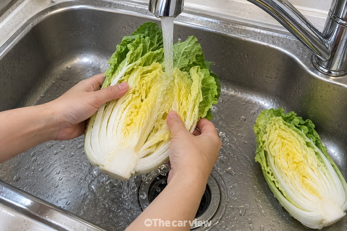 밑동을 붙인 채 잎 사이를 흐르는 물로 헹구는 배추 두 덩이 / 기사 이해를 돕기 위한 생성형 이미지
