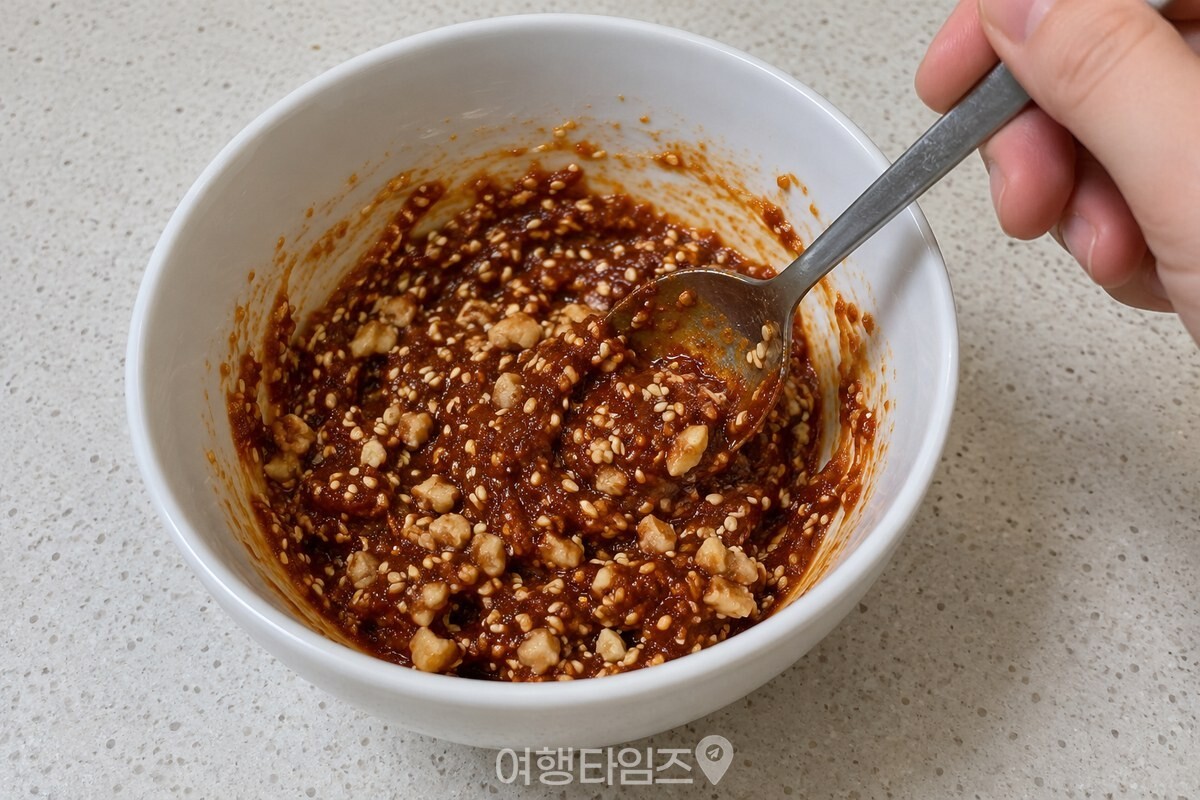 견과류와 깨소금을 넣어 장을 섞는 모습 / 기사 이해를 돕기 위한 생성형 이미지