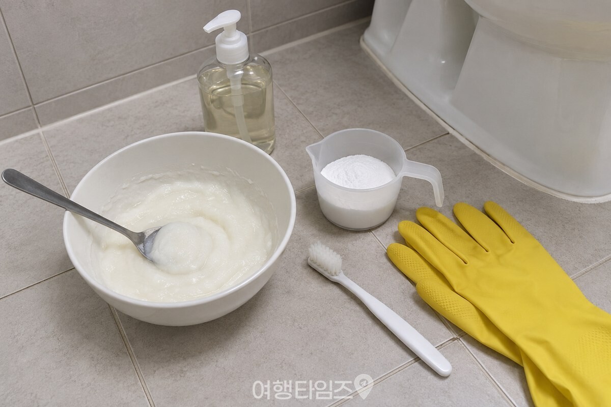 욕실 바닥 위에 청소 준비물을 정돈해 둔 모습 / 기사 이해를 돕기 위한 생성형 이미지
