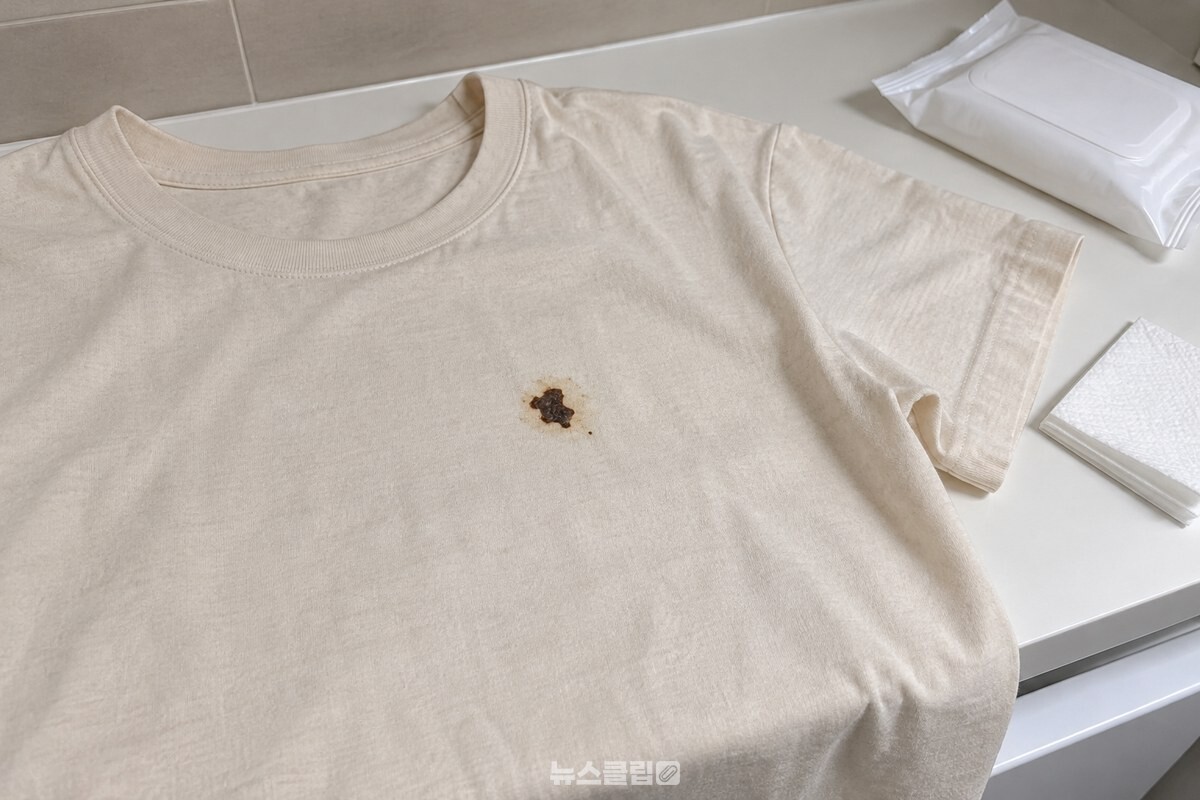 물티슈를 옆에 둔 티셔츠 앞면의 작은 짜장 자국 / 기사 이해를 돕기 위한 생성형 이미지