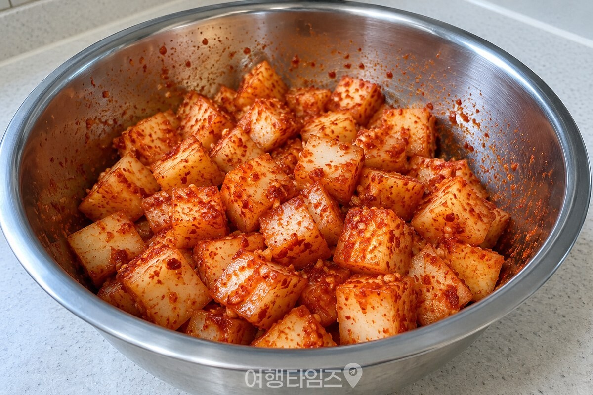 무 조각에 고르게 묻은 붉은 깍두기 양념 / 기사 이해를 돕기 위한 생성형 이미지