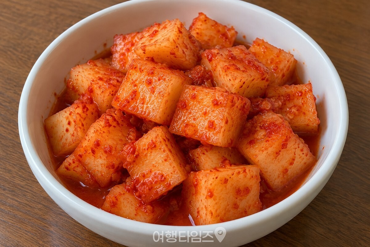 윤기 있게 익은 깍두기가 담긴 흰 도자기 그릇 / 기사 이해를 돕기 위한 생성형 이미지