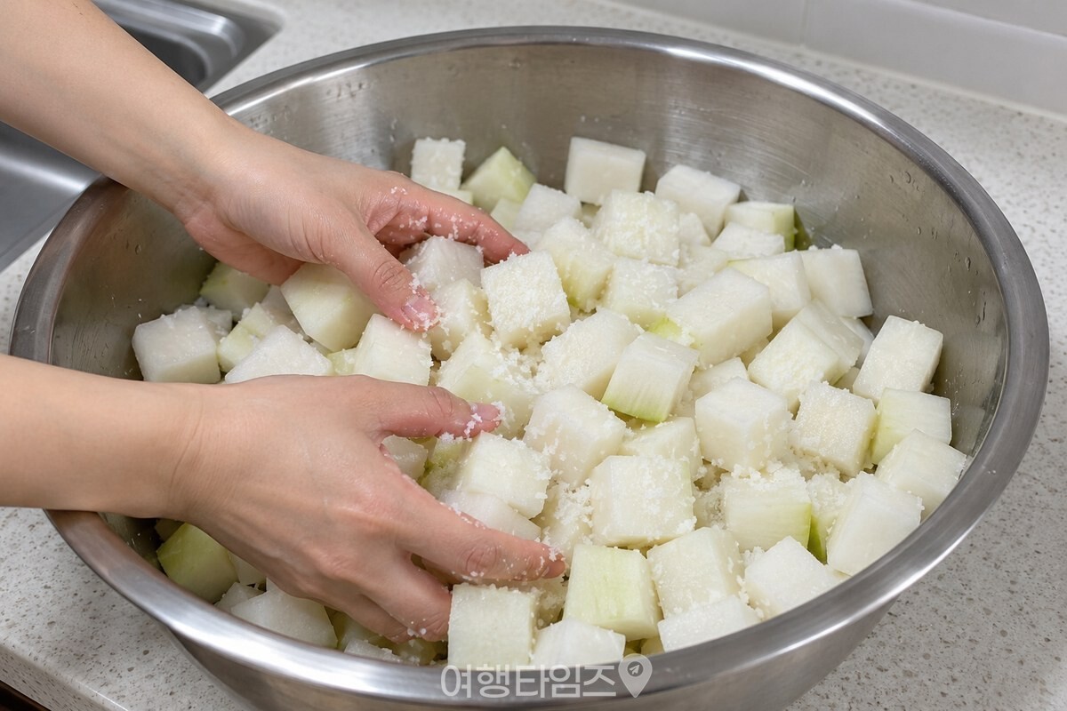 천일염을 뿌린 깍둑 썬 무를 손으로 뒤적이는 모습 / 기사 이해를 돕기 위한 생성형 이미지