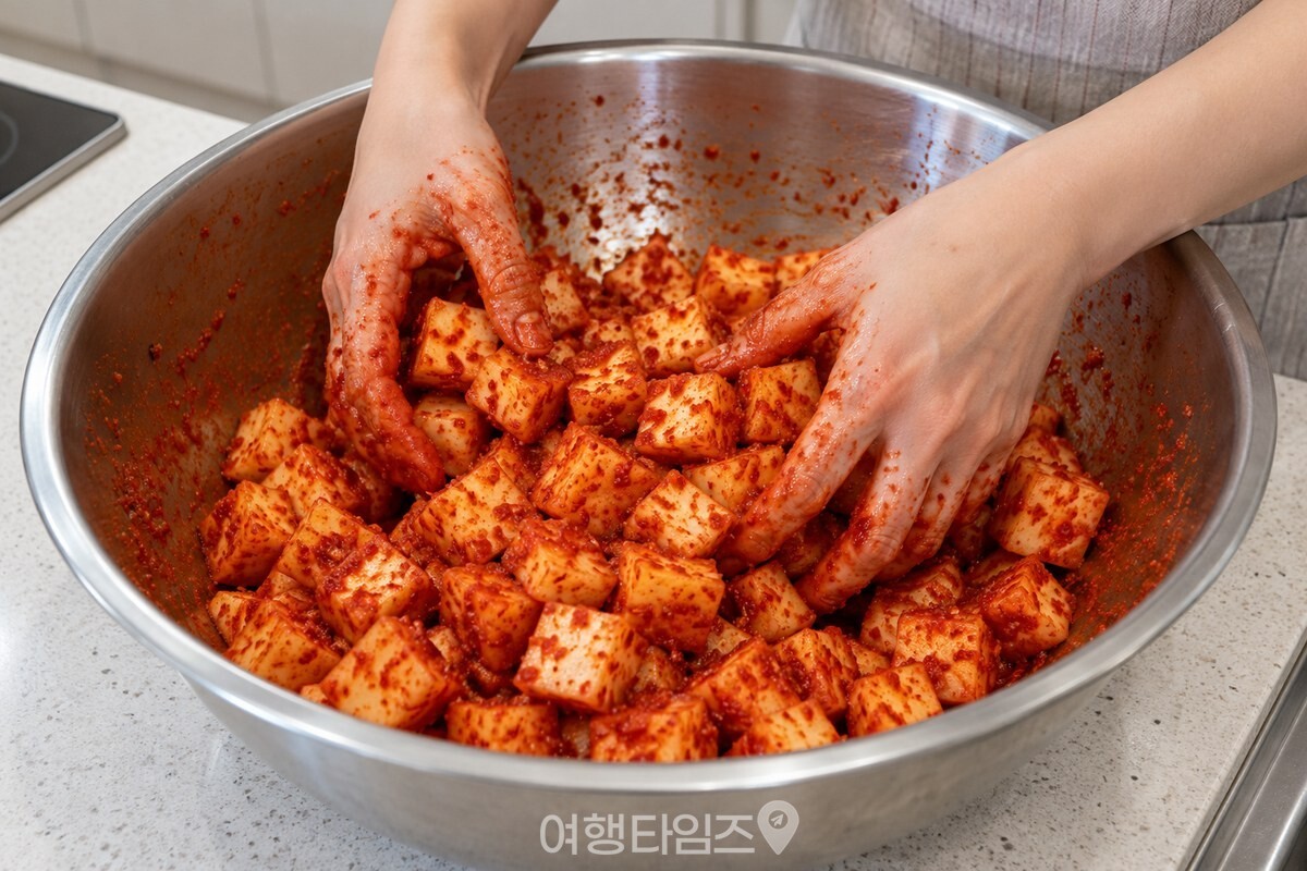 붉은 양념을 입힌 무를 대야에서 고르게 버무리는 모습 / 기사 이해를 돕기 위한 생성형 이미지