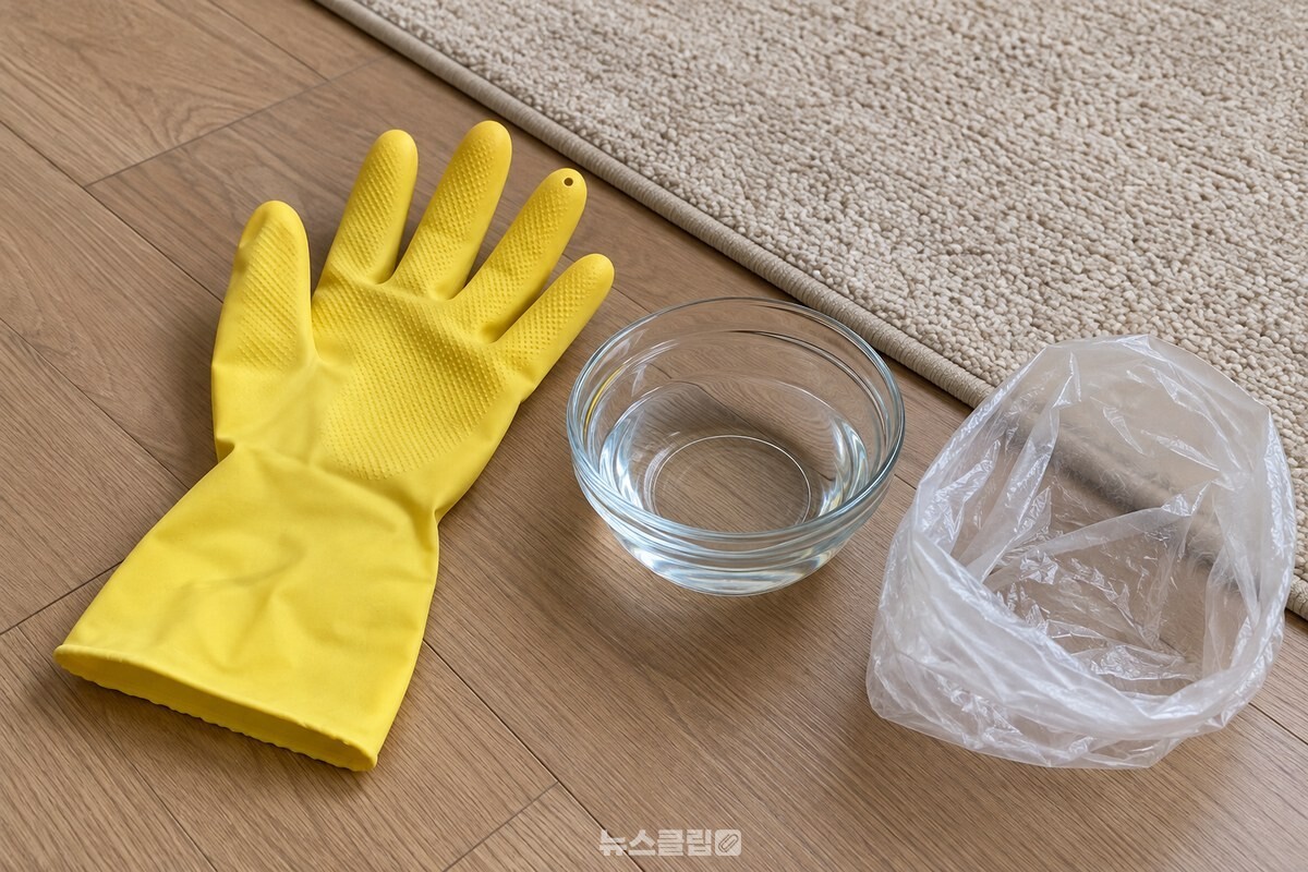 물그릇과 비닐봉지를 곁에 둔 러그 청소 준비 모습 / 기사 이해를 돕기 위한 생성형 이미지