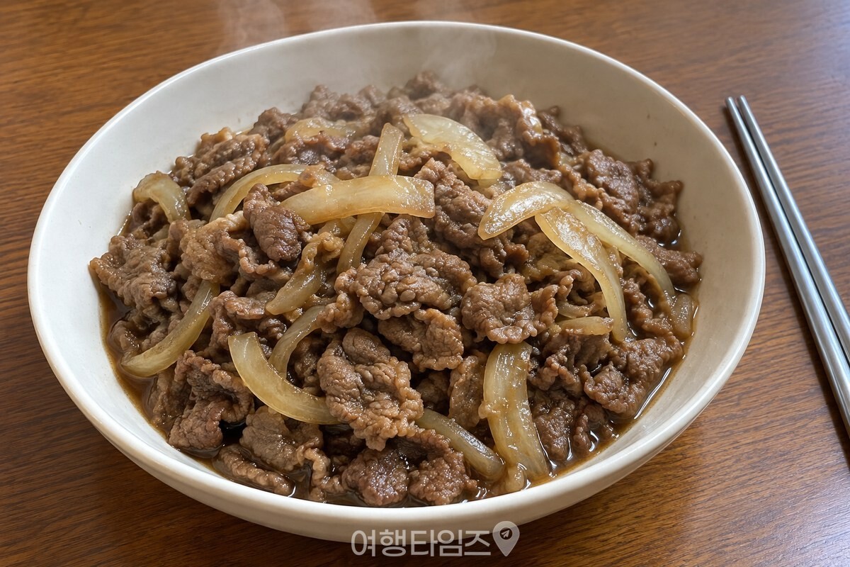 김이 오르는 완성 소불고기가 담긴 흰 사기 그릇 / 기사 이해를 돕기 위한 생성형 이미지