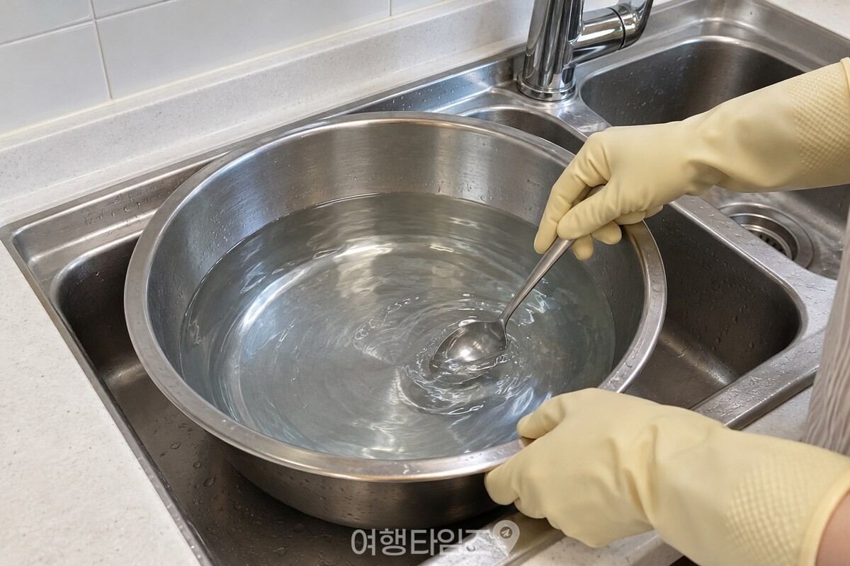 고무장갑을 낀 손으로 워싱소다 물을 젓는 모습 / 기사 이해를 돕기 위한 생성형 이미지