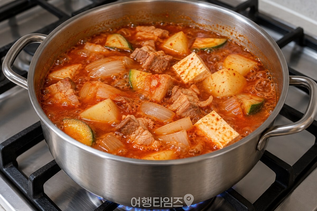 삼겹살과 채소가 보이는 고추장찌개 국물 / 기사 이해를 돕기 위한 생성형 이미지