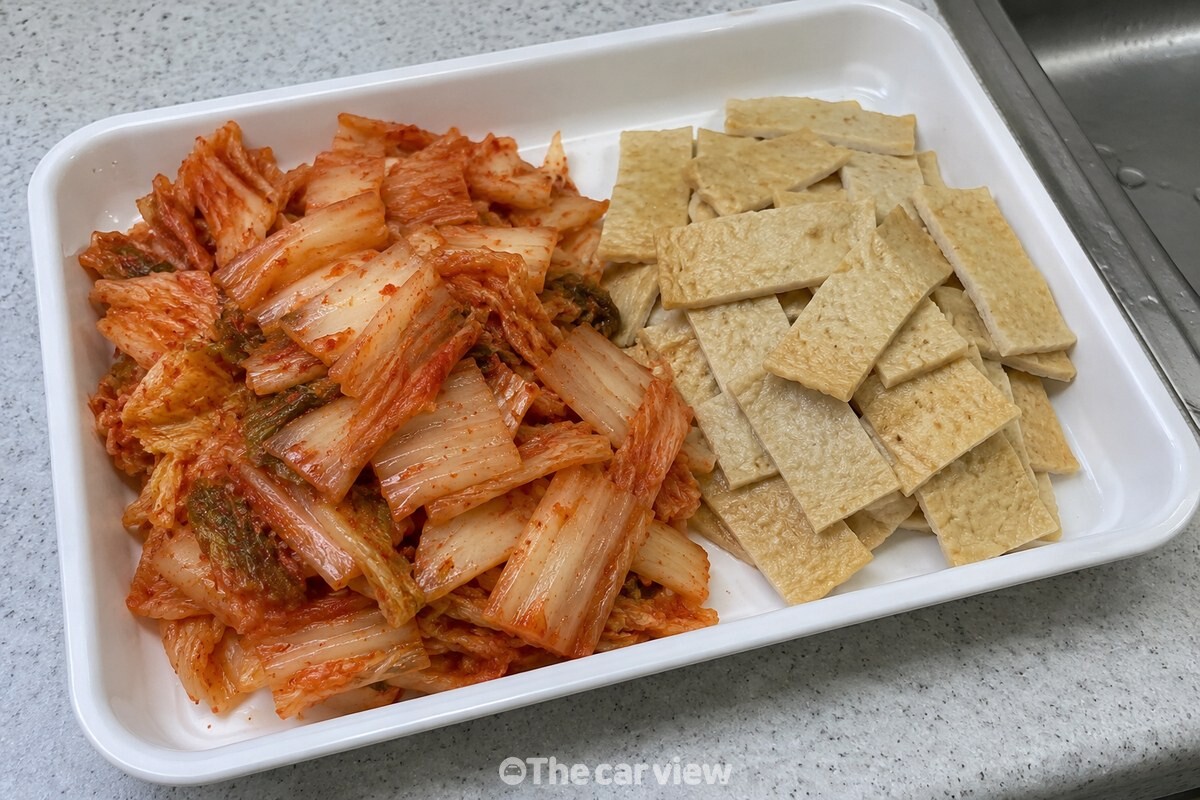 물기를 짜 썰어 둔 묵은지와 어묵 / 기사 이해를 돕기 위한 생성형 이미지