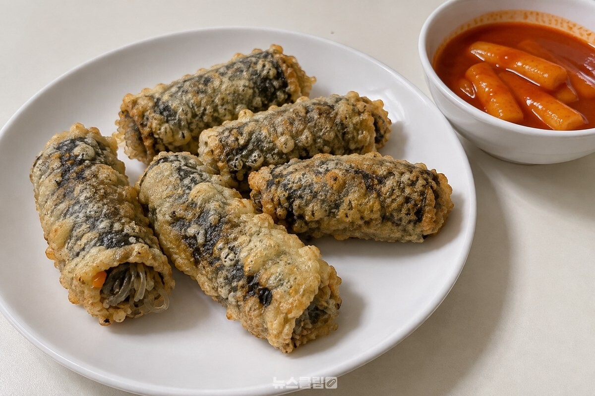 접시에 담긴 완성 김말이와 떡볶이 국물 / 기사 이해를 돕기 위한 생성형 이미지