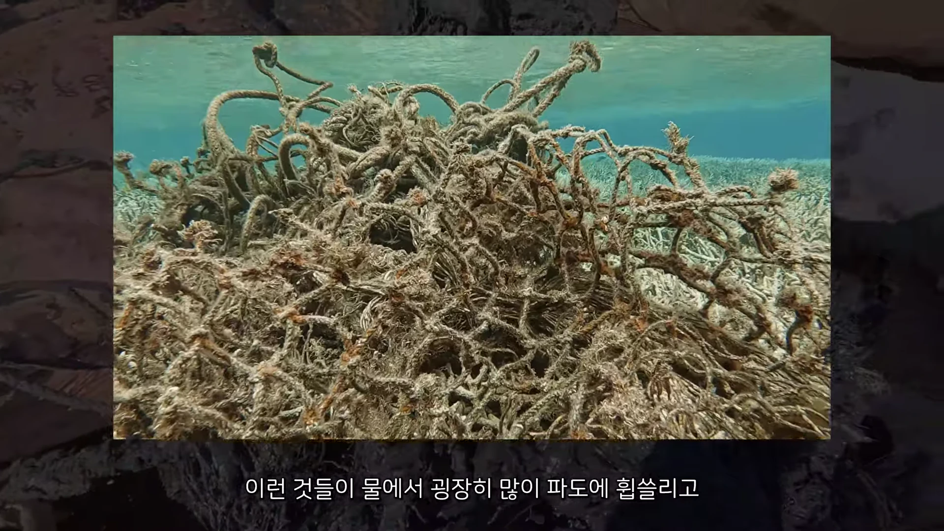 바닷속 산호초 위에 엉켜 있는 낡은 폐그물과 로프 더미.