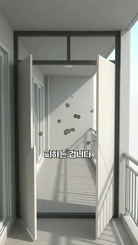 아파트 베란다에서 옆집으로 통하는 흰색 경량칸막이 문이 열려 있는 모습이며, 화면 중앙에 '피하는 겁니다'라는 자막이 배치되어 있다.