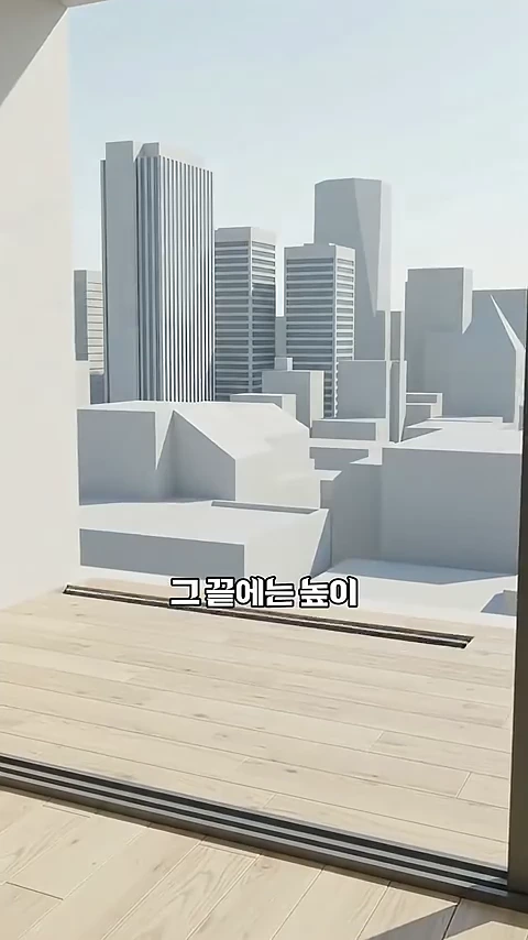 실내에서 창밖으로 바라본 도시 풍경과 바닥이 보이는 3D 그래픽 영상
