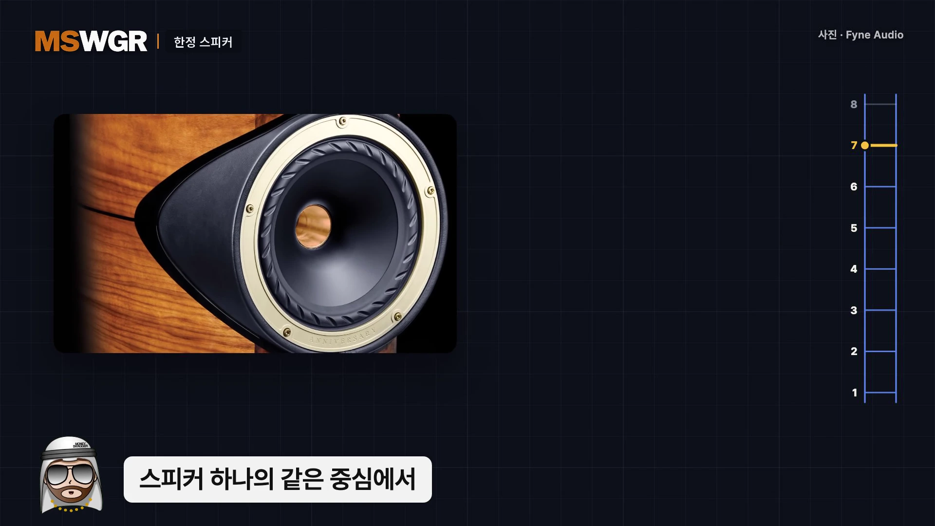 나무 질감의 인클로저와 금속 테두리가 돋보이는 고급 스피커 유닛의 근접 촬영 사진입니다.
