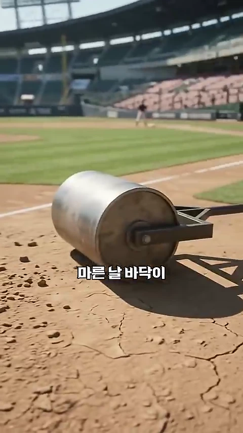 야구장 내야 흙바닥 위에 놓인 원통형 금속 롤러 도구와 마른 땅의 갈라진 표면, 그리고 배경의 경기장 모습.