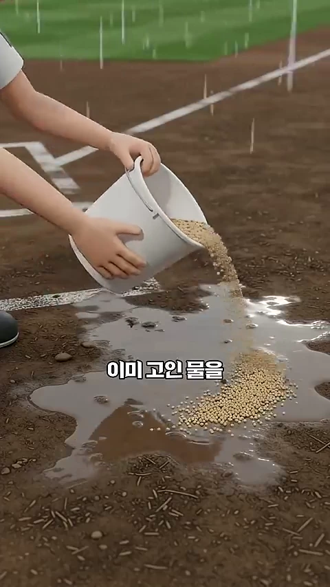 비가 내리는 야구장 그라운드 위에서 누군가 양동이에 담긴 모래를 고인 물 위로 붓고 있는 모습이 담긴 애니메이션 영상.