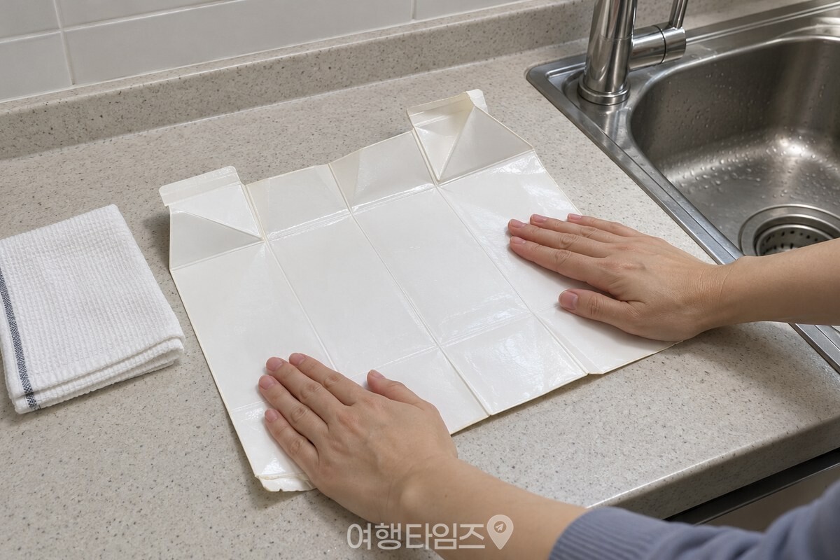 물기를 닦은 우유팩을 한 장으로 펼치는 손 / 기사 이해를 돕기 위한 생성형 이미지