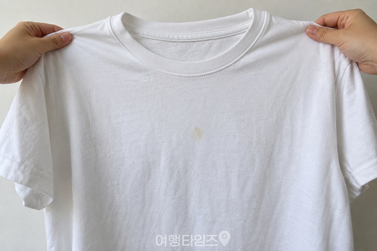 작은 음식 얼룩 자리를 펼쳐 든 흰 면 티셔츠 / 기사 이해를 돕기 위한 생성형 이미지