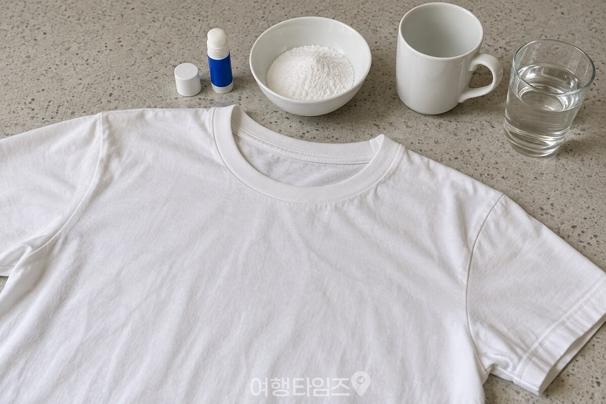 딱풀과 과탄산소다, 컵을 준비한 흰 면 티셔츠 / 기사 이해를 돕기 위한 생성형 이미지