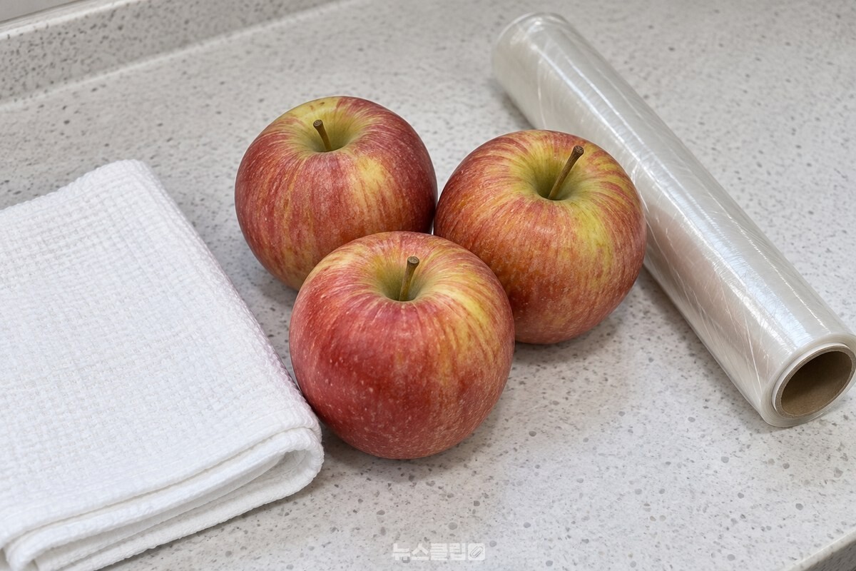 마른 키친타월과 식품용 랩 옆에 고른 사과를 놓은 모습 / 기사 이해를 돕기 위한 생성형 이미지