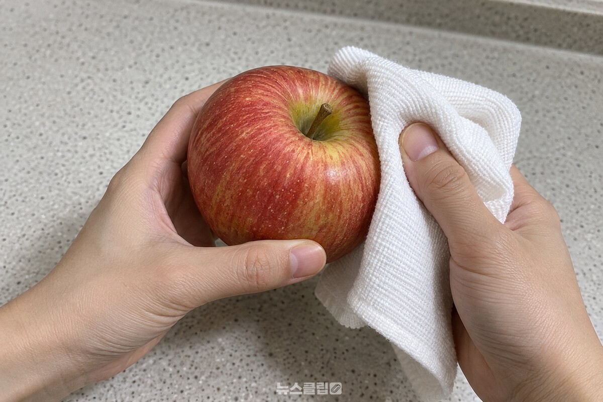 마른 흰 행주로 사과 껍질을 가볍게 닦는 모습 / 기사 이해를 돕기 위한 생성형 이미지