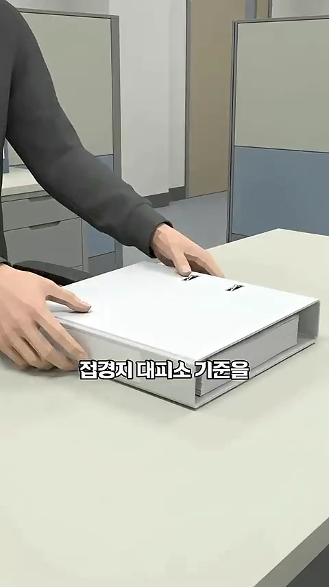 사무실 책상 위에 놓인 하얀색 바인더를 양손으로 펼치고 있는 사람의 모습이 담긴 그래픽 화면