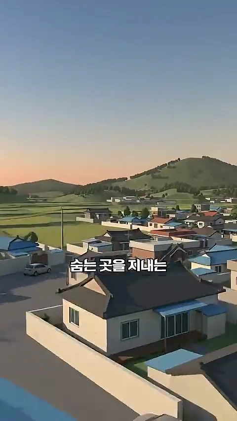 평화로운 시골 마을의 풍경을 담은 애니메이션 스타일의 이미지로, 낮게 깔린 주택들과 멀리 보이는 낮은 산, 그리고 하늘이 보인다.