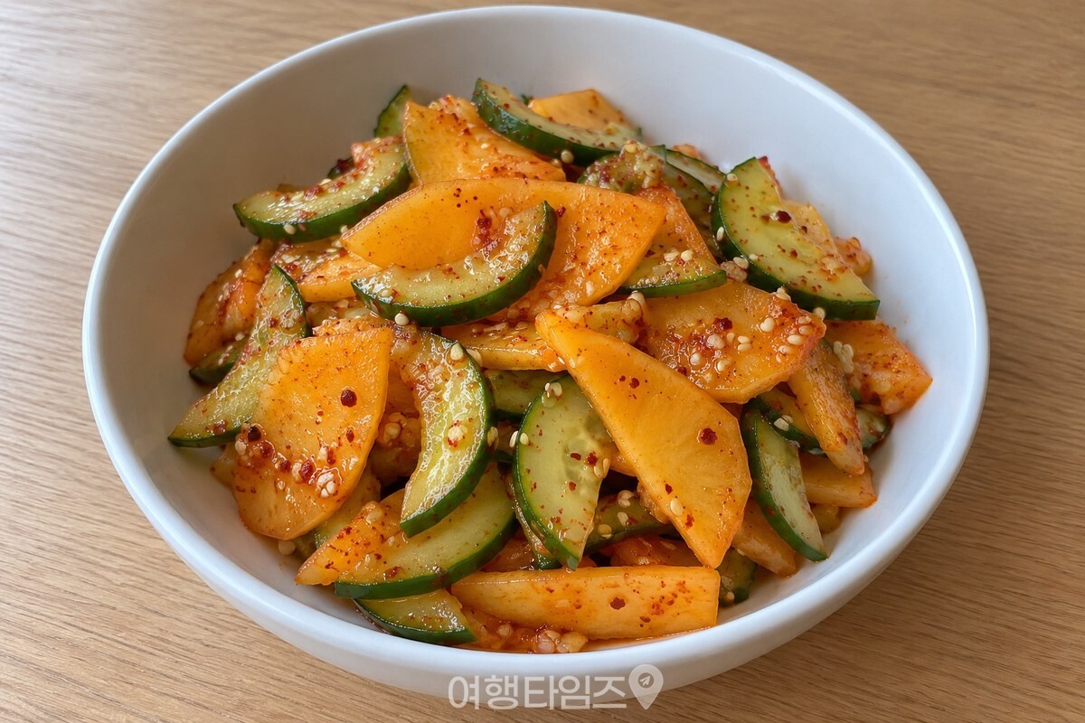 붉은 양념을 고루 입힌 단감오이무침이 담긴 흰 반찬 그릇 / 기사 이해를 돕기 위한 생성형 이미지