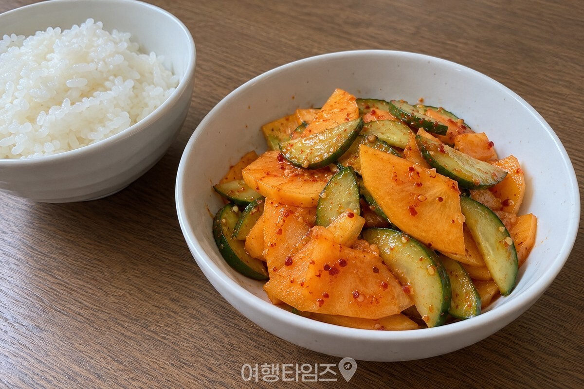 밥과 함께 놓인 단감오이무침 반찬 그릇 / 기사 이해를 돕기 위한 생성형 이미지