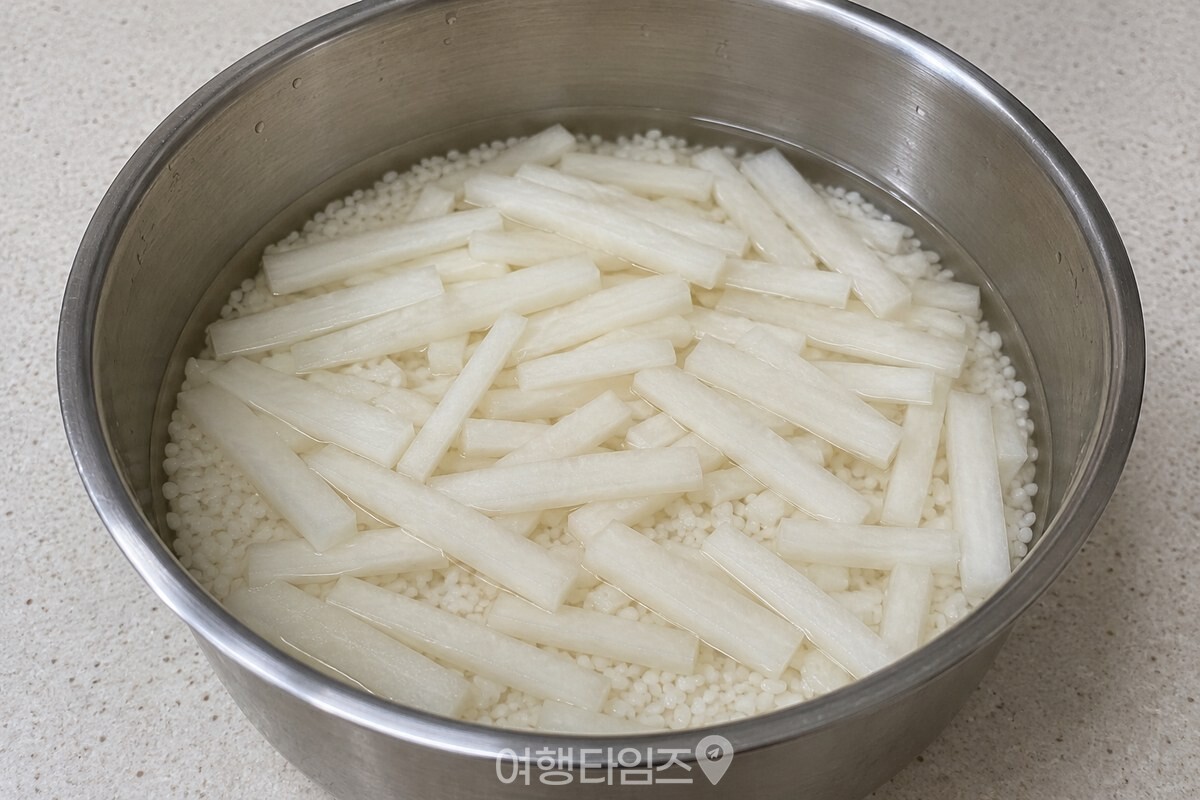 불린 쌀 위에 굵게 채 썬 무를 얹은 냄비 / 기사 이해를 돕기 위한 생성형 이미지