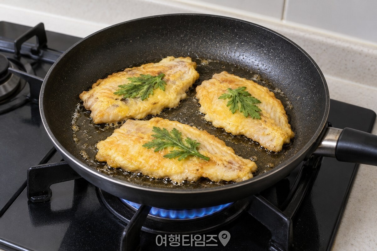 쑥갓 잎을 올린 동태포를 팬에서 부치는 모습 / 기사 이해를 돕기 위한 생성형 이미지