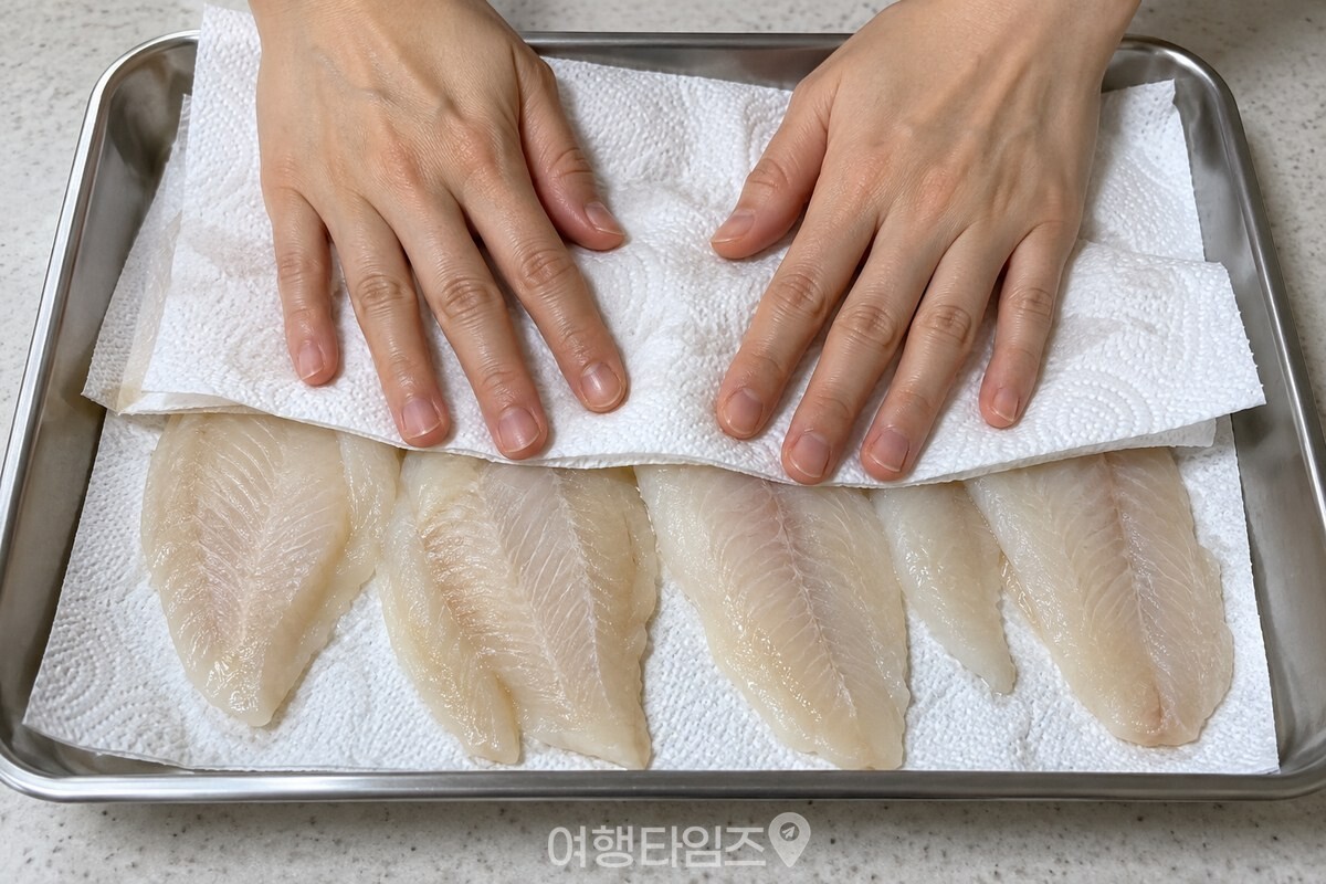 키친타월 사이에 올려 물기를 누르는 해동 동태포 / 기사 이해를 돕기 위한 생성형 이미지