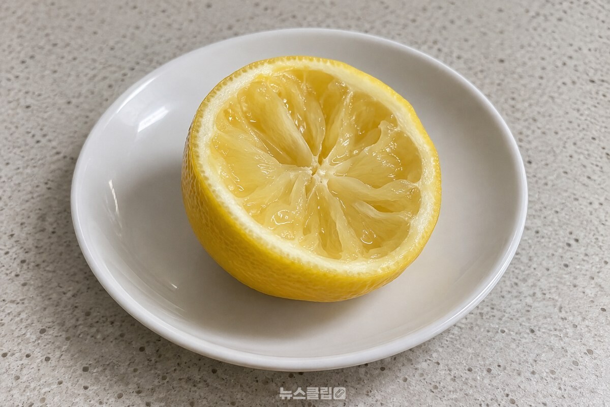 촉촉한 단면이 보이는 레몬 자투리 한 조각 / 기사 이해를 돕기 위한 생성형 이미지