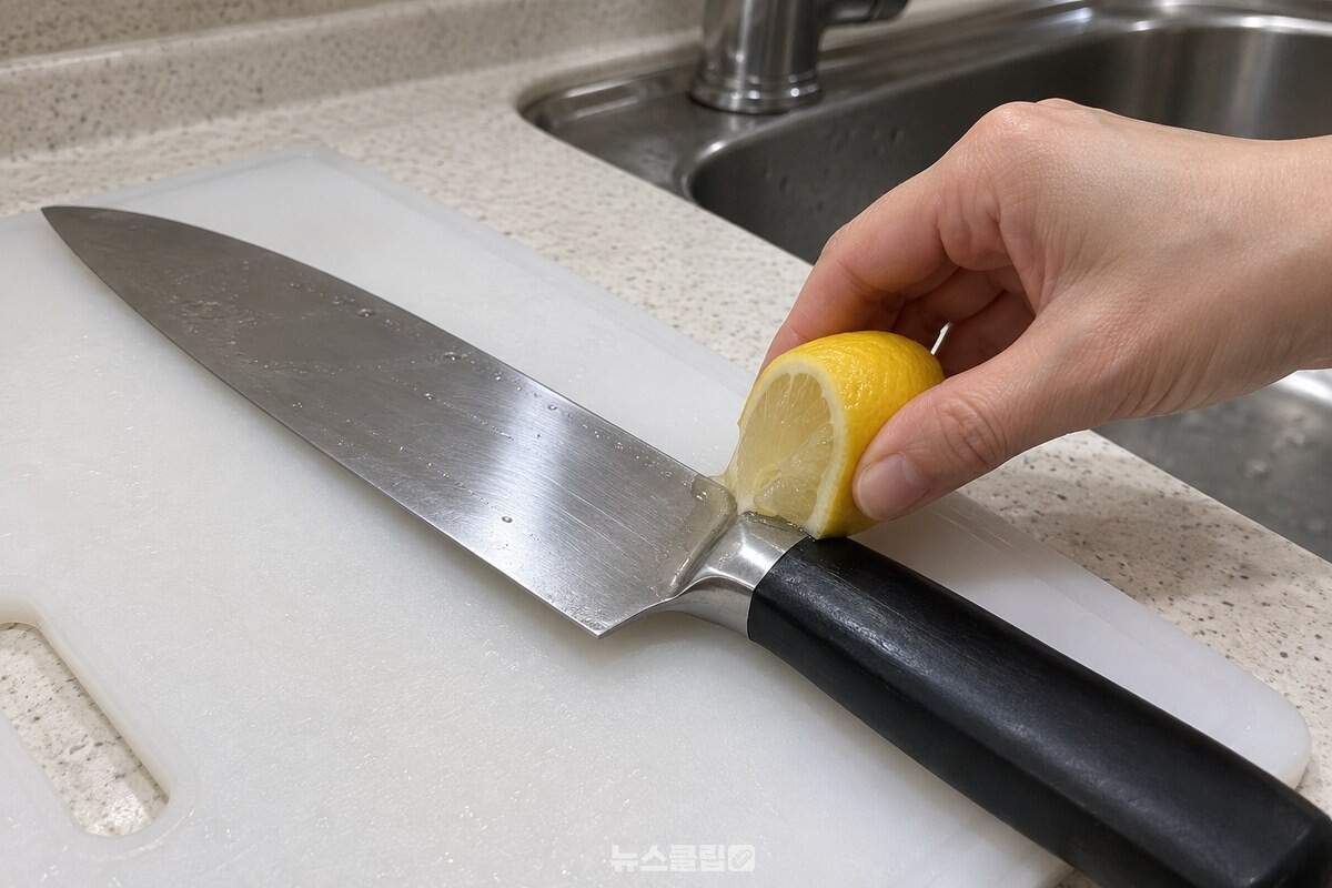 레몬 끝으로 칼날과 손잡이 이음새를 닦는 모습 / 기사 이해를 돕기 위한 생성형 이미지