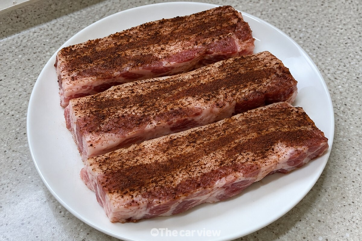 커피 가루를 얇게 바른 삼겹살을 접시에 펼쳐 둔 모습 / 기사 이해를 돕기 위한 생성형 이미지