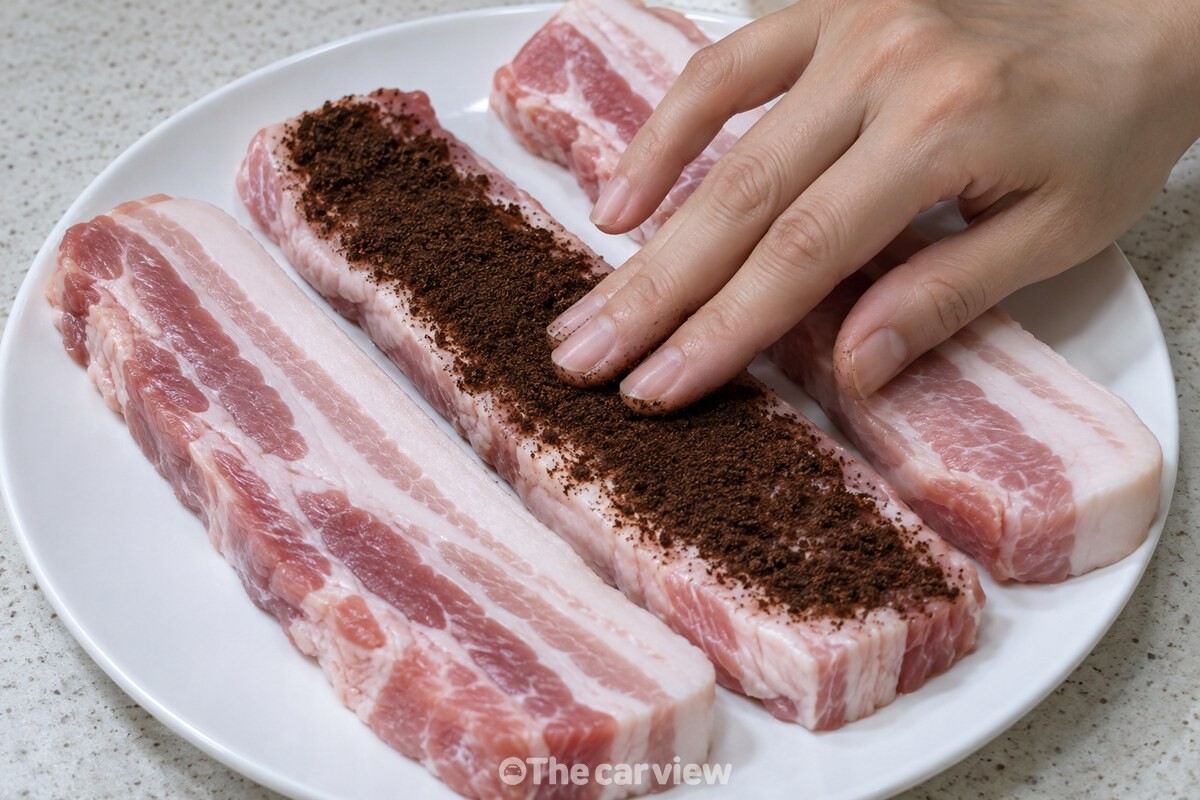 삼겹살 한 면에 블랙커피 가루를 얇게 펴 바르는 손 / 기사 이해를 돕기 위한 생성형 이미지
