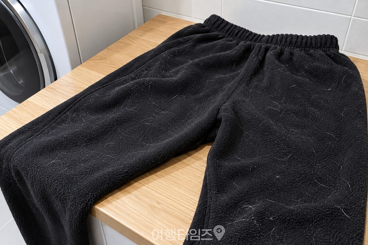마른 검은 기모 바지 결에 얹힌 가는 반려동물 털 / 기사 이해를 돕기 위한 생성형 이미지