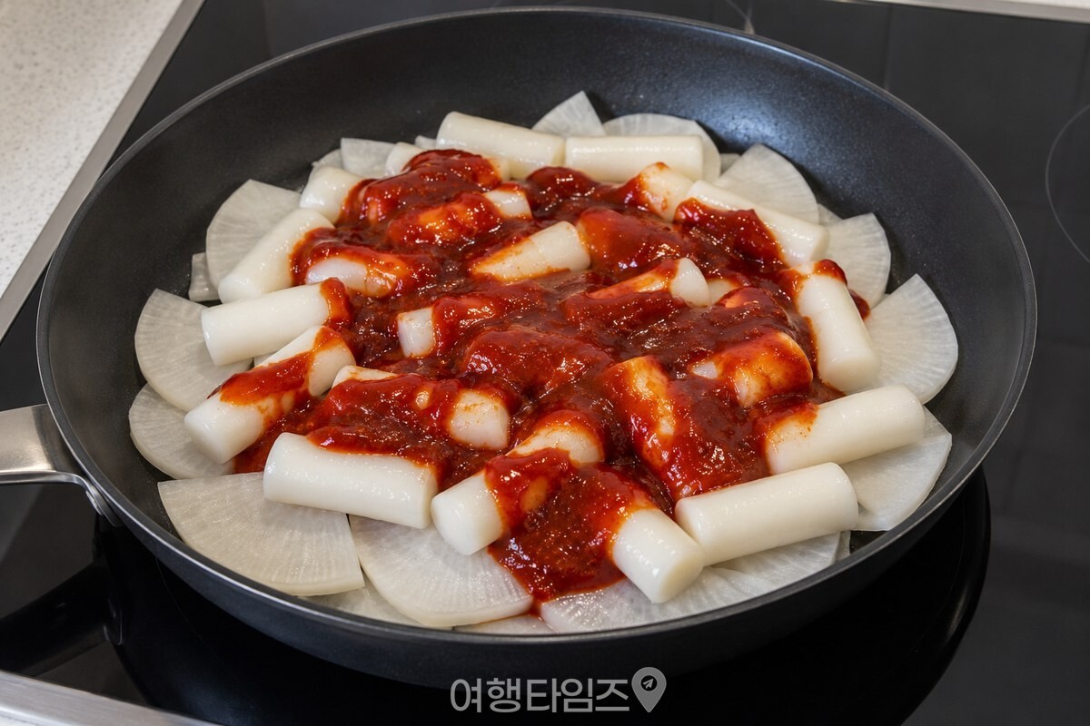 무 위에 떡과 고추장 양념을 올린 넓은 팬 / 기사 이해를 돕기 위한 생성형 이미지