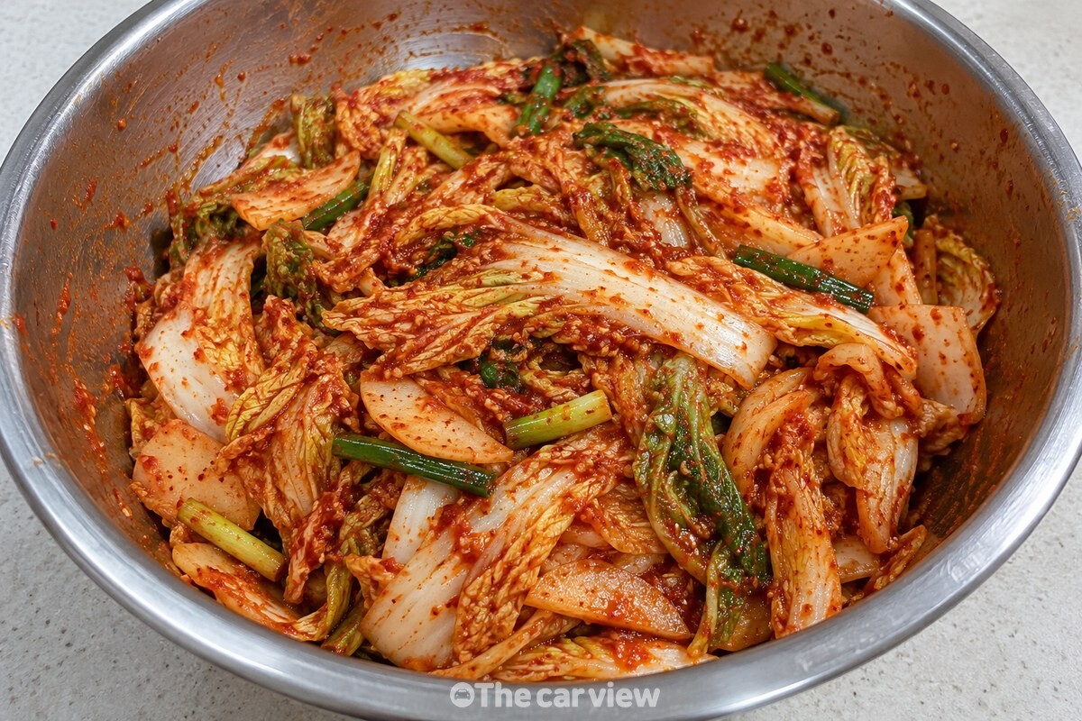 배추 잎과 줄기 사이에 고르게 붙은 겉절이 양념 / 기사 이해를 돕기 위한 생성형 이미지