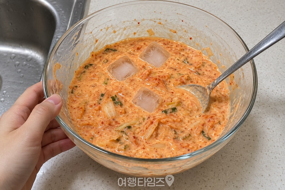 얼음 조각을 넣어 차갑게 맞춘 김치전 반죽 / 기사 이해를 돕기 위한 생성형 이미지