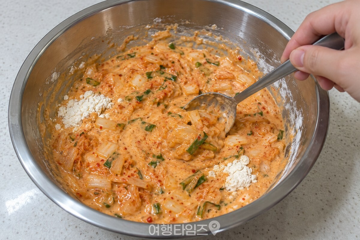 숟가락으로 가볍게 섞는 김치전 반죽 / 기사 이해를 돕기 위한 생성형 이미지