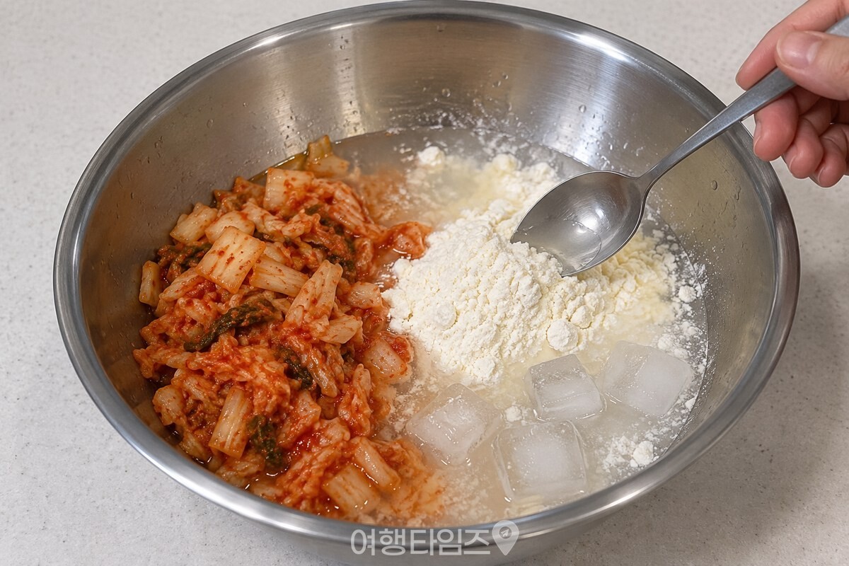 찬물과 얼음을 넣은 김치전 반죽 재료 / 기사 이해를 돕기 위한 생성형 이미지