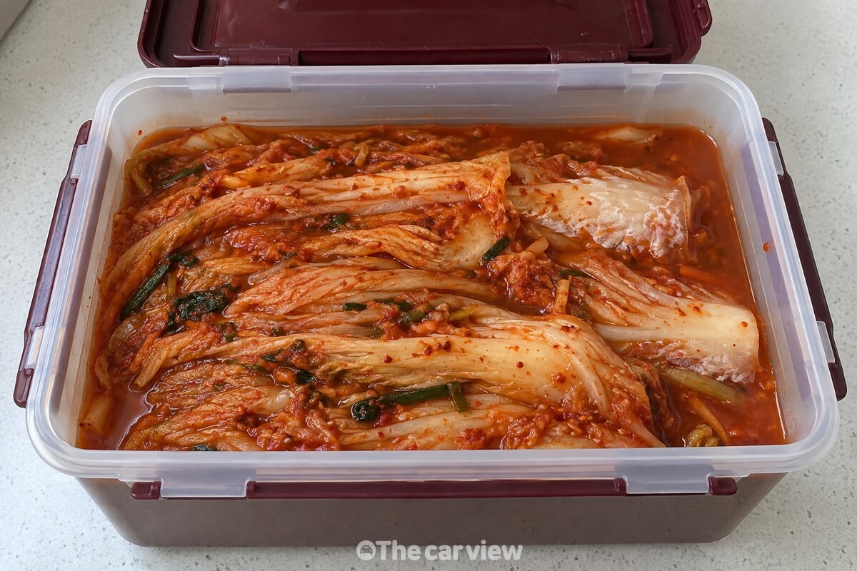 김치통 윗면의 배추 잎 끝에 옅은 하얀 막이 보이는 모습 / 기사 이해를 돕기 위한 생성형 이미지