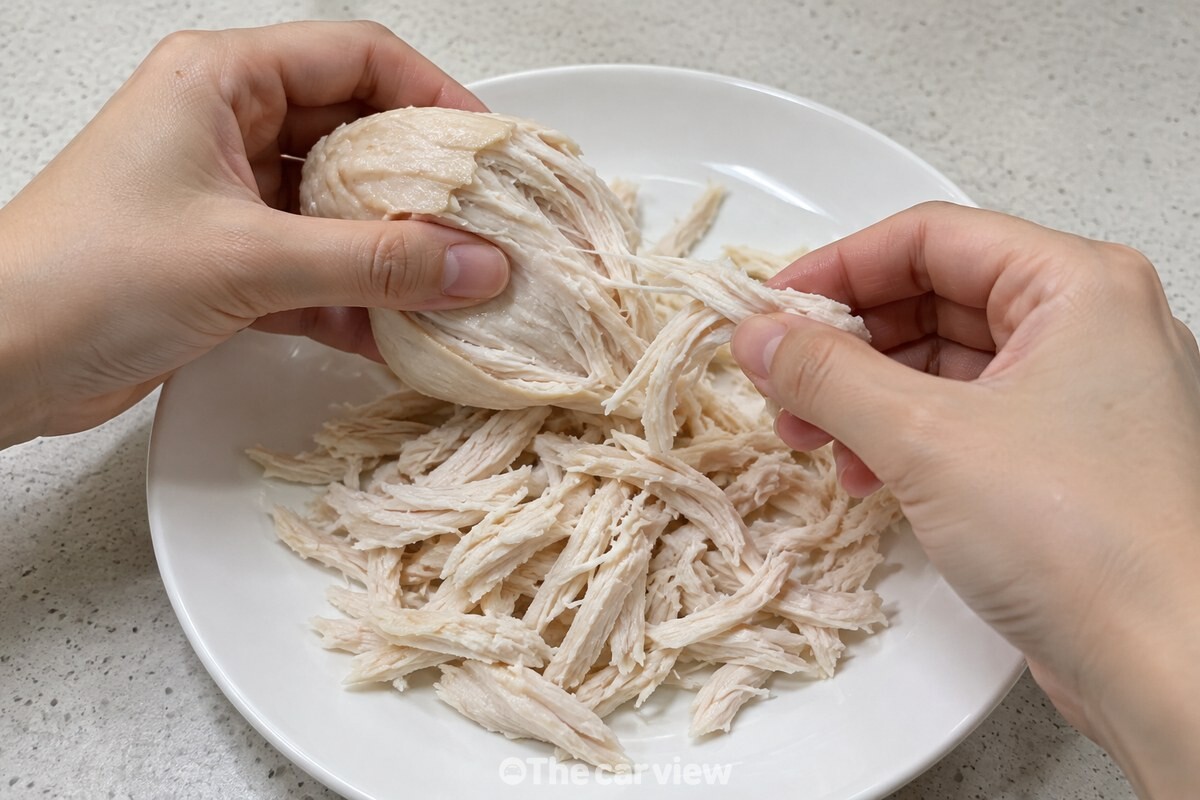 익힌 닭가슴살을 결대로 가늘게 찢는 손 / 기사 이해를 돕기 위한 생성형 이미지