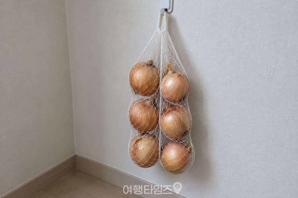 서늘한 다용도실 벽에 걸어 둔 양파 망 / 기사 이해를 돕기 위한 생성형 이미지
