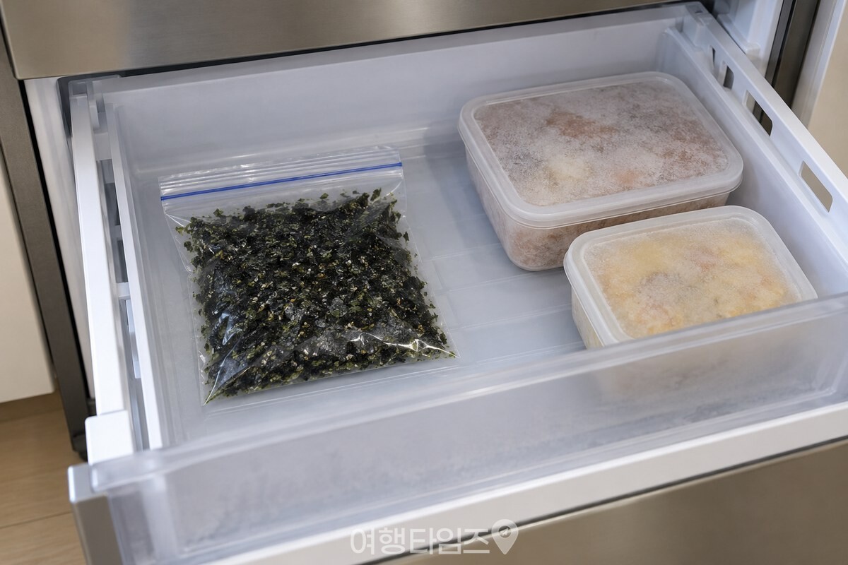 냉동실 칸 안에 단단히 닫아 둔 김가루 지퍼백 / 기사 이해를 돕기 위한 생성형 이미지