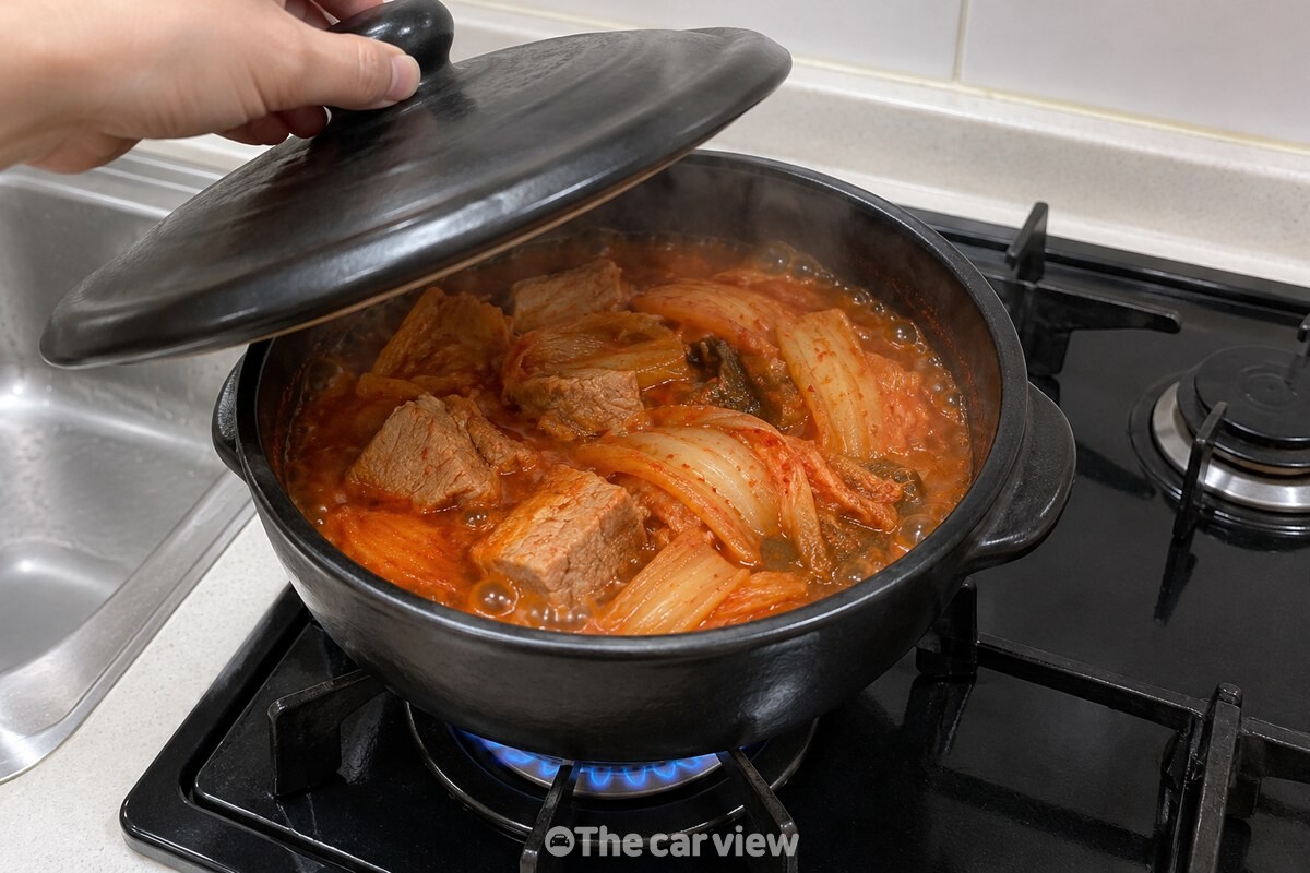 중불에서 부드럽게 끓고 있는 김치와 돼지고기 / 기사 이해를 돕기 위한 생성형 이미지