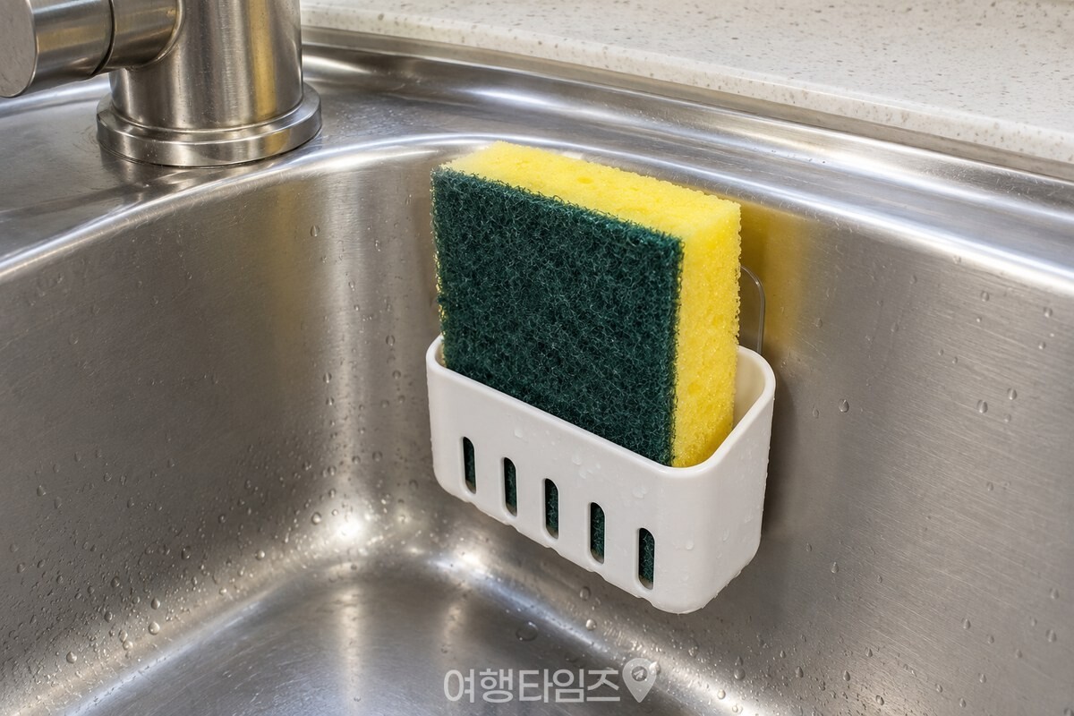 싱크대 옆 건조 홀더에 세워 말리는 젖은 설거지 수세미 / 기사 이해를 돕기 위한 생성형 이미지