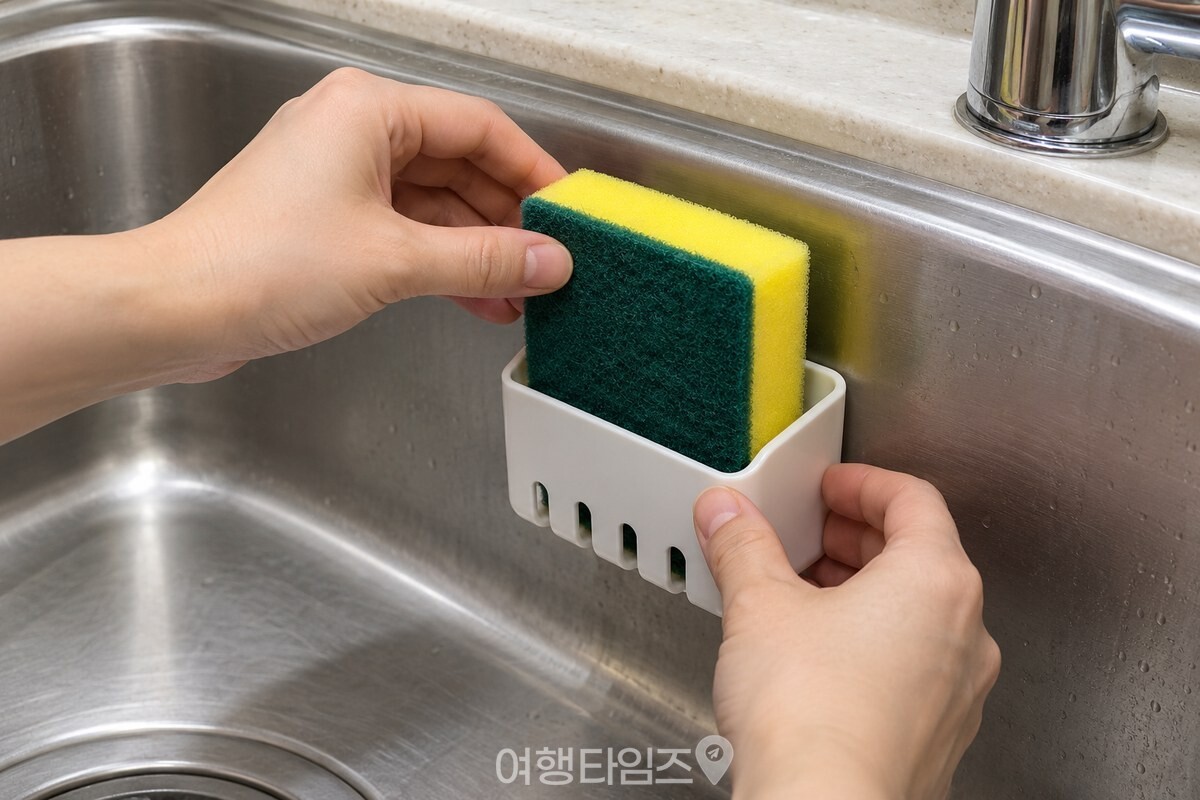 새 수세미를 싱크대 홀더에 끼우는 손 / 기사 이해를 돕기 위한 생성형 이미지