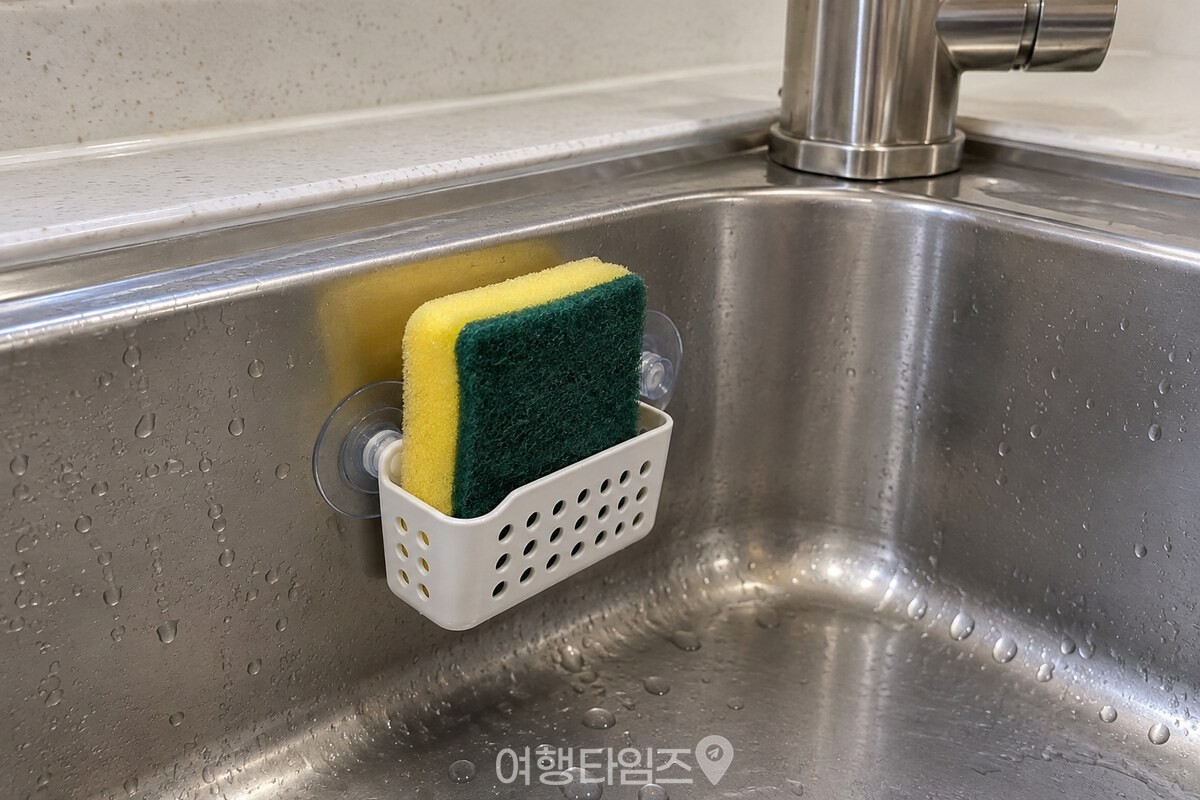 싱크대 벽면 홀더에 걸어 통풍시키는 소독 후 수세미 / 기사 이해를 돕기 위한 생성형 이미지